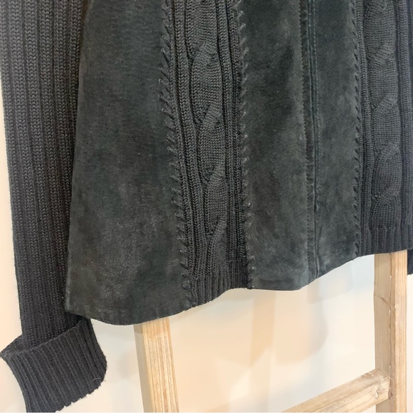 Coldwater Creek Black Suede Leather Sweater Cable Knit Zip Up Jacket Size L - Picture 7 of 13